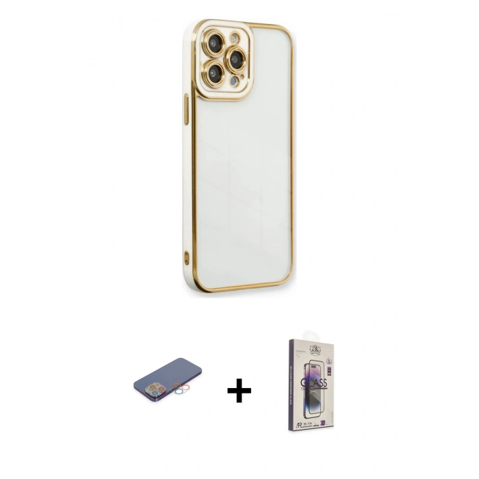 MARSİLYAN™- iPhone 13 Pro Max Kılıf Çekirdek Klasik Serisi - Siyah Bilvis 3D Cam Ekran Koruyucu + Renkli Kamera Lens Koruma Cam - PE
