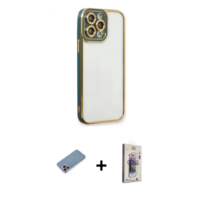 MARSİLYAN™- iPhone 13 Pro Max Kılıf Çekirdek Klasik Serisi - Siyah Bilvis 3D Cam Ekran Koruyucu + Pembe Shine Kamera Lens Koruma Cam