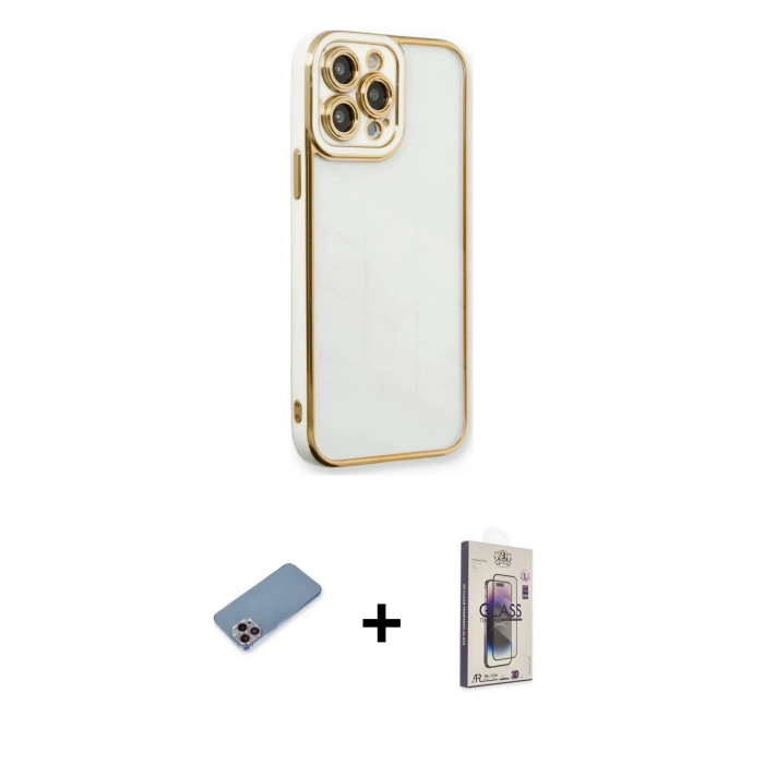 MARSİLYAN™- iPhone 13 Pro Max Kılıf Çekirdek Klasik Serisi - Siyah Bilvis 3D Cam Ekran Koruyucu + Pembe Shine Kamera Lens Koruma Cam
