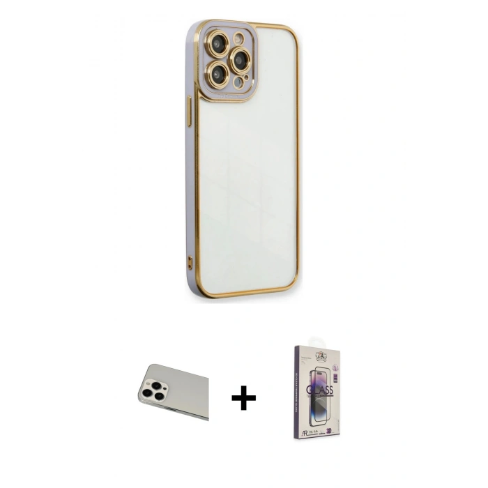 MARSİLYAN™- iPhone 13 Pro Max Kılıf Çekirdek Klasik Serisi - Siyah Bilvis 3D Cam Ekran Koruyucu + Rainbow Kamera Lens Koruma Cam - BZ