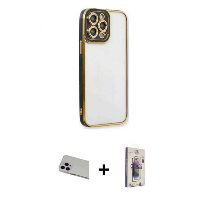 MARSİLYAN™- iPhone 13 Pro Max Kılıf Çekirdek Klasik Serisi - Siyah Bilvis 3D Cam Ekran Koruyucu + Rainbow Kamera Lens Koruma Cam - MR