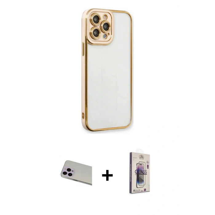 MARSİLYAN™- iPhone 13 Pro Max Kılıf Çekirdek Klasik Serisi - Siyah Bilvis 3D Cam Ekran Koruyucu + Rainbow Kamera Lens Koruma Cam - MR