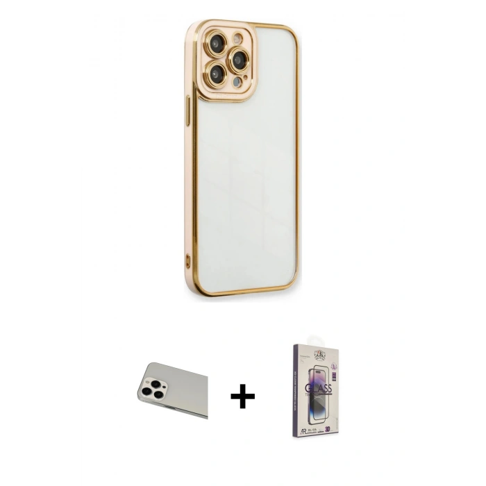 MARSİLYAN™- iPhone 13 Pro Max Kılıf Çekirdek Klasik Serisi - Siyah Bilvis 3D Cam Ekran Koruyucu + Rainbow Kamera Lens Koruma Cam - BZ