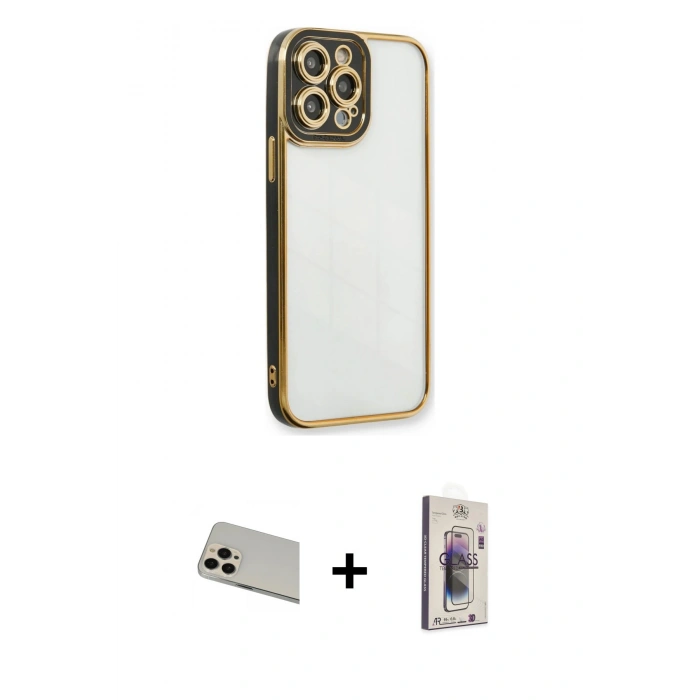 MARSİLYAN™- iPhone 13 Pro Max Kılıf Çekirdek Klasik Serisi - Siyah Bilvis 3D Cam Ekran Koruyucu + Rainbow Kamera Lens Koruma Cam - REGD