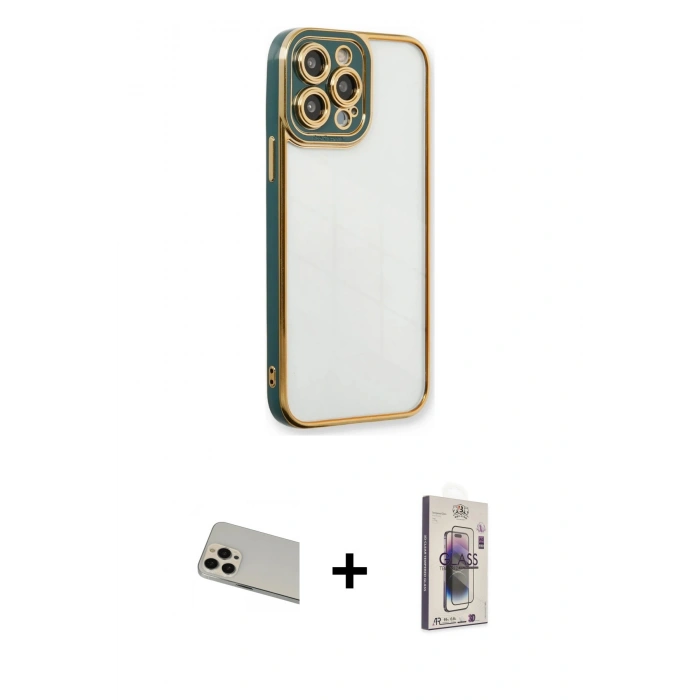 MARSİLYAN™- iPhone 13 Pro Max Kılıf Çekirdek Klasik Serisi - Siyah Bilvis 3D Cam Ekran Koruyucu + Rainbow Kamera Lens Koruma Cam - REGD