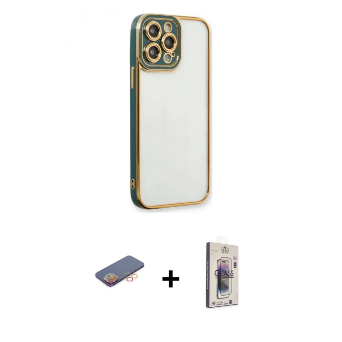 MARSİLYAN™- iPhone 13 Pro Max Kılıf Çekirdek Klasik Serisi - Siyah Bilvis 3D Cam Ekran Koruyucu + Renkli Kamera Lens Koruma Cam - TU