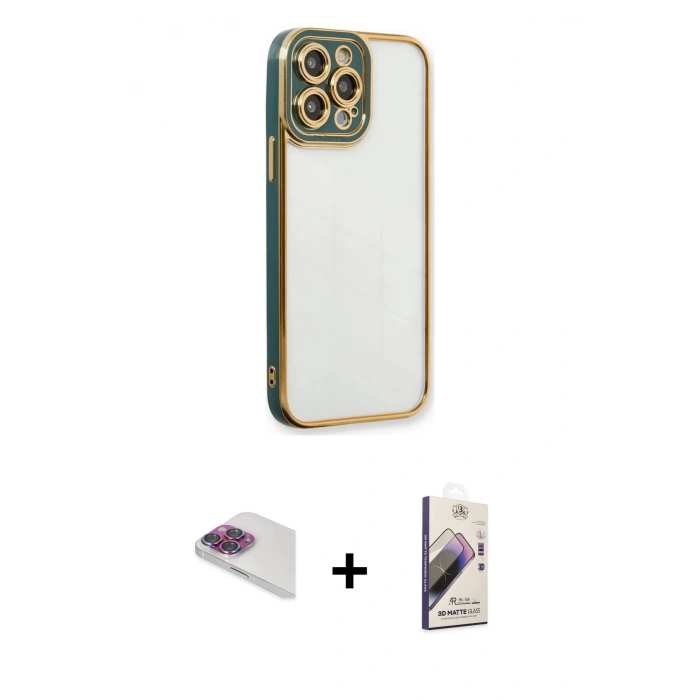MARSİLYAN™- iPhone 13 Pro Max Kılıf Çekirdek Klasik Serisi - Siyah Bilvis 3D Mat Cam Ekran Koruyucu + Pers Alüminyum Kamera Lens - GI
