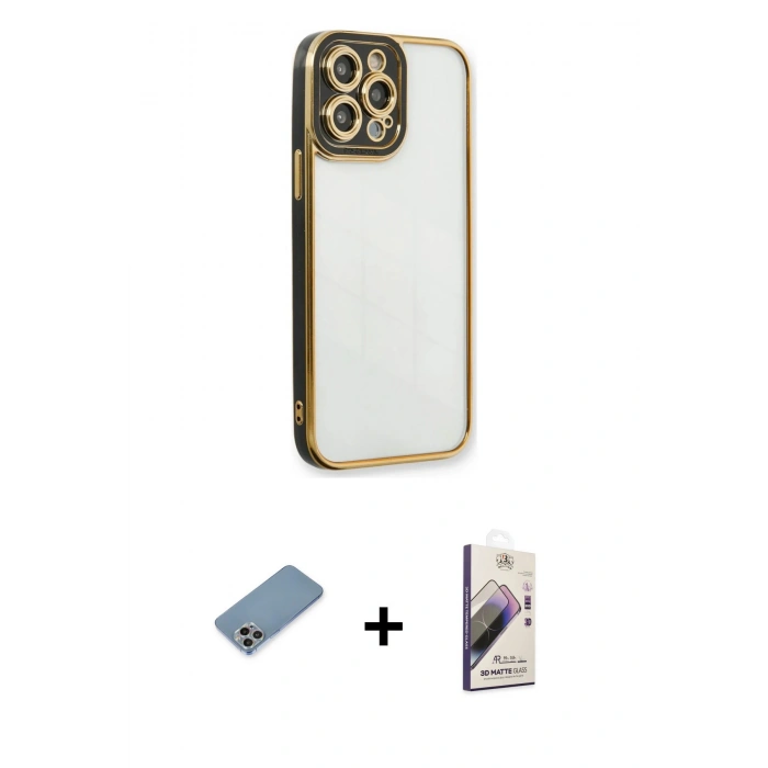 MARSİLYAN™- iPhone 13 Pro Max Kılıf Çekirdek Klasik Serisi - Siyah Bilvis 3D Mat Cam Ekran Koruyucu + Gökkuşağı Shine Kamera Lens Koruma Cam