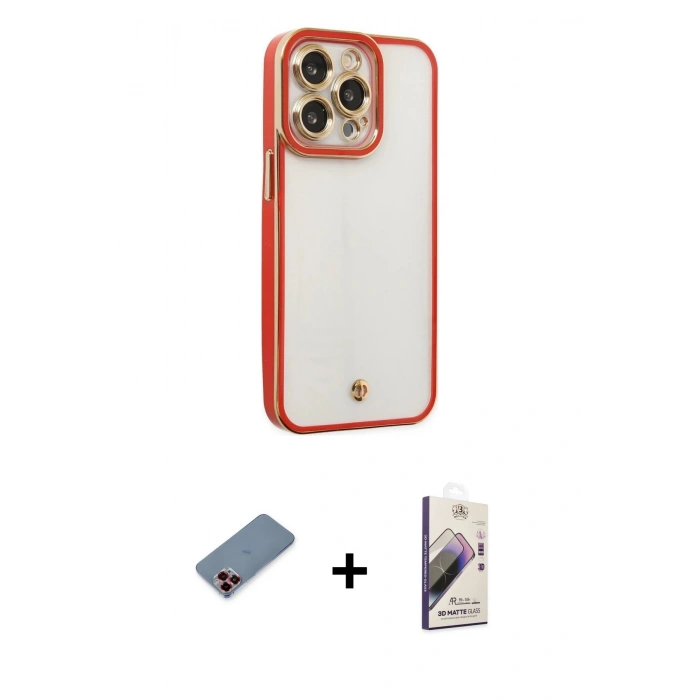 MARSİLYAN™- iPhone 13 Pro Max Kılıf Çekirdek Klasik Serisi - Siyah Bilvis 3D Mat Cam Ekran Koruyucu + Kırmızı Metal Kamera Lens Koruma Cam