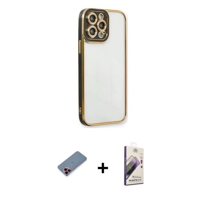 MARSİLYAN™- iPhone 13 Pro Max Kılıf Çekirdek Klasik Serisi - Siyah Bilvis 3D Mat Cam Ekran Koruyucu + Kırmızı Metal Kamera Lens Koruma Cam