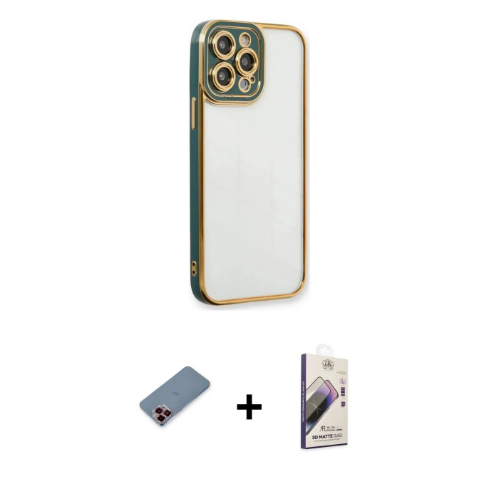 MARSİLYAN™- iPhone 13 Pro Max Kılıf Çekirdek Klasik Serisi - Siyah Bilvis 3D Mat Cam Ekran Koruyucu + Kırmızı Metal Kamera Lens Koruma Cam