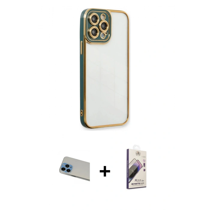 MARSİLYAN™- iPhone 13 Pro Max Kılıf Çekirdek Klasik Serisi - Siyah Bilvis 3D Mat Cam Ekran Koruyucu + Mavi Rainbow Kamera Lens Koruma Cam