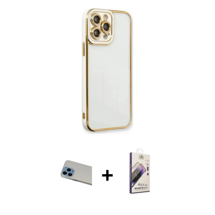 MARSİLYAN™- iPhone 13 Pro Max Kılıf Çekirdek Klasik Serisi - Siyah Bilvis 3D Mat Cam Ekran Koruyucu + Mavi Rainbow Kamera Lens Koruma Cam