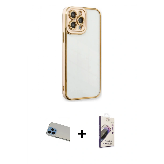 MARSİLYAN™- iPhone 13 Pro Max Kılıf Çekirdek Klasik Serisi - Siyah Bilvis 3D Mat Cam Ekran Koruyucu + Mavi Rainbow Kamera Lens Koruma Cam