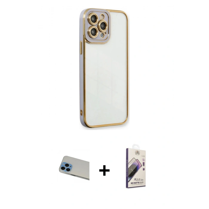 MARSİLYAN™- iPhone 13 Pro Max Kılıf Çekirdek Klasik Serisi - Siyah Bilvis 3D Mat Cam Ekran Koruyucu + Mavi Rainbow Kamera Lens Koruma Cam