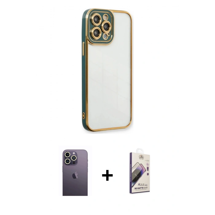 MARSİLYAN™- iPhone 13 Pro Max Kılıf Çekirdek Klasik Serisi - Siyah Bilvis 3D Mat Cam Ekran Koruyucu + Neon Fosforlu Kamera Lens - BZ