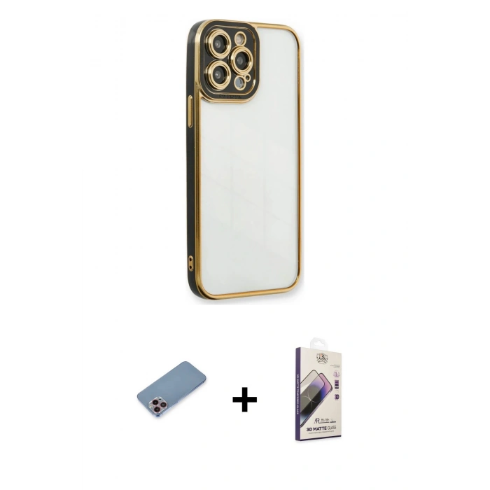 MARSİLYAN™- iPhone 13 Pro Max Kılıf Çekirdek Klasik Serisi - Siyah Bilvis 3D Mat Cam Ekran Koruyucu + Shine Kamera Lens Koruma Cam - PE