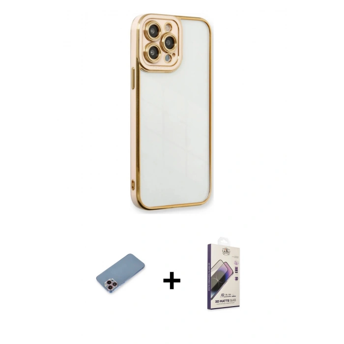 MARSİLYAN™- iPhone 13 Pro Max Kılıf Çekirdek Klasik Serisi - Siyah Bilvis 3D Mat Cam Ekran Koruyucu + Shine Kamera Lens Koruma Cam - PE