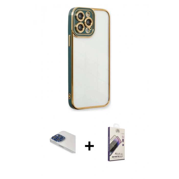 MARSİLYAN™- iPhone 13 Pro Max Kılıf Çekirdek Klasik Serisi - Siyah Bilvis 3D Mat Cam Ekran Koruyucu + Pers Alüminyum Kamera Lens - LT