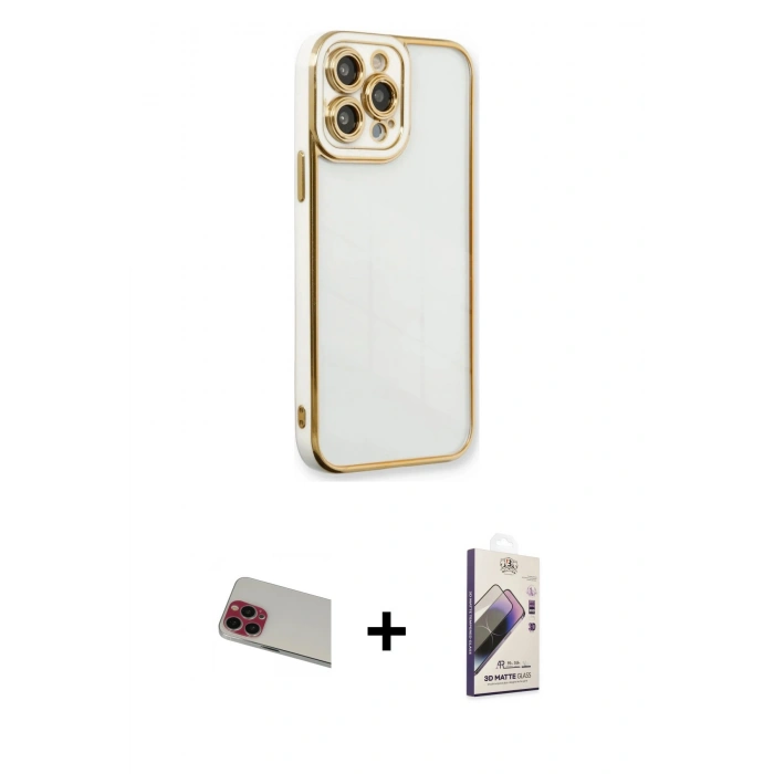 MARSİLYAN™- iPhone 13 Pro Max Kılıf Çekirdek Klasik Serisi - Siyah Bilvis 3D Mat Cam Ekran Koruyucu + Rainbow Kamera Lens Koruma Cam - KI