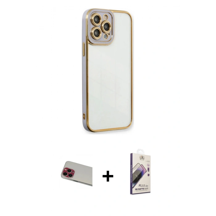 MARSİLYAN™- iPhone 13 Pro Max Kılıf Çekirdek Klasik Serisi - Siyah Bilvis 3D Mat Cam Ekran Koruyucu + Rainbow Kamera Lens Koruma Cam - KI