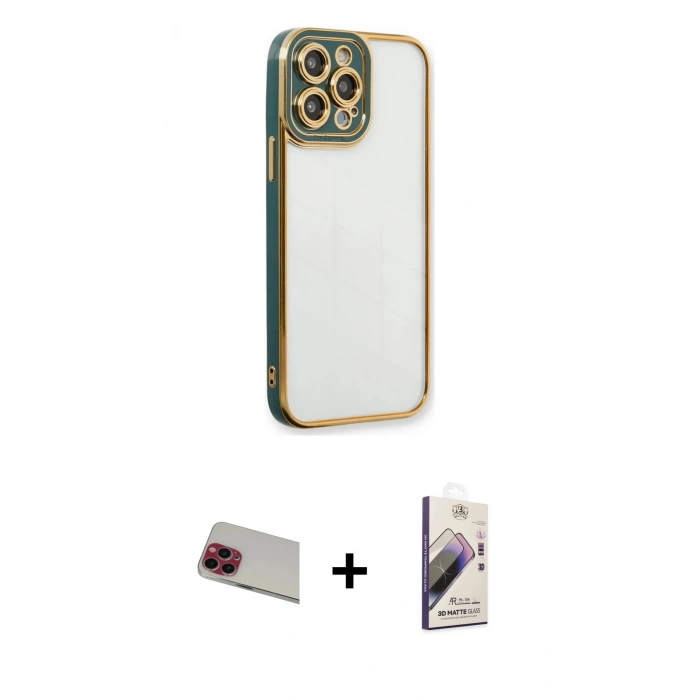 MARSİLYAN™- iPhone 13 Pro Max Kılıf Çekirdek Klasik Serisi - Siyah Bilvis 3D Mat Cam Ekran Koruyucu + Rainbow Kamera Lens Koruma Cam - KI