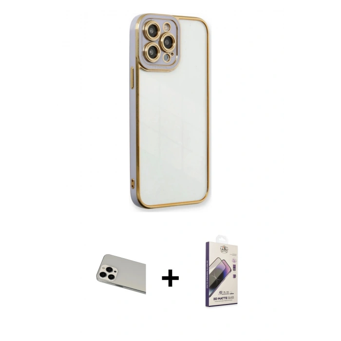 MARSİLYAN™- iPhone 13 Pro Max Kılıf Çekirdek Klasik Serisi - Siyah Bilvis 3D Mat Cam Ekran Koruyucu + Rainbow Kamera Lens Koruma Cam - BZ