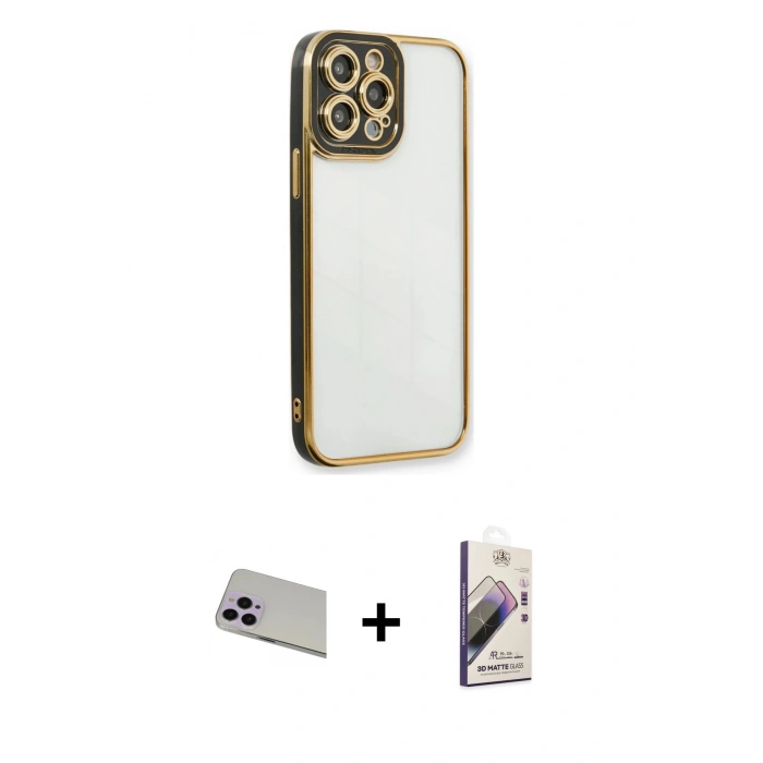 MARSİLYAN™- iPhone 13 Pro Max Kılıf Çekirdek Klasik Serisi - Siyah Bilvis 3D Mat Cam Ekran Koruyucu + Rainbow Kamera Lens Koruma Cam - MR