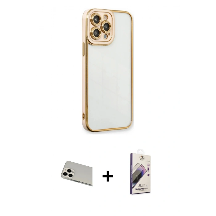 MARSİLYAN™- iPhone 13 Pro Max Kılıf Çekirdek Klasik Serisi - Siyah Bilvis 3D Mat Cam Ekran Koruyucu + Rainbow Kamera Lens Koruma Cam - BZ