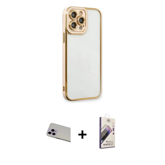MARSİLYAN™- iPhone 13 Pro Max Kılıf Çekirdek Klasik Serisi - Siyah Bilvis 3D Mat Cam Ekran Koruyucu + Rainbow Kamera Lens Koruma Cam - MR