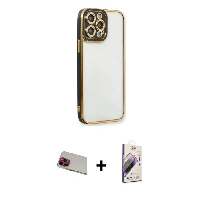 MARSİLYAN™- iPhone 13 Pro Max Kılıf Çekirdek Klasik Serisi - Siyah Bilvis 3D Mat Cam Ekran Koruyucu + Rainbow Kamera Lens Koruma Cam - KI