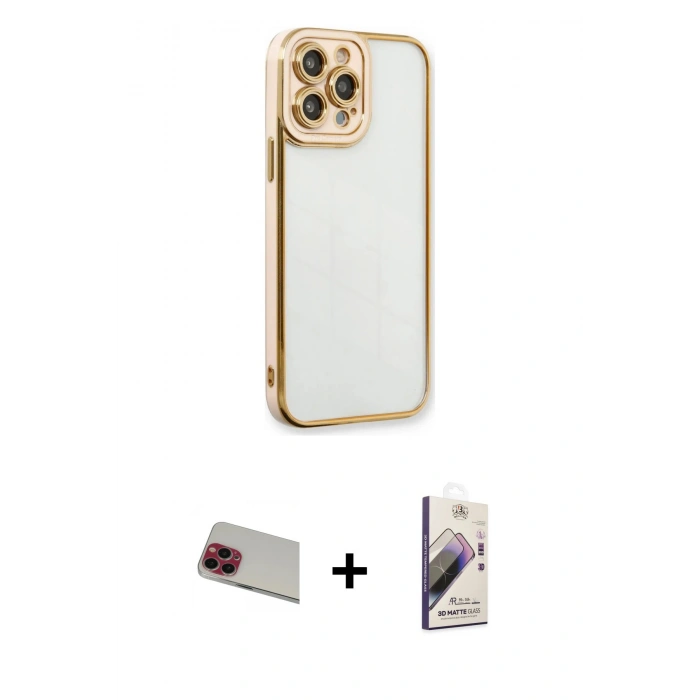 MARSİLYAN™- iPhone 13 Pro Max Kılıf Çekirdek Klasik Serisi - Siyah Bilvis 3D Mat Cam Ekran Koruyucu + Rainbow Kamera Lens Koruma Cam - KI