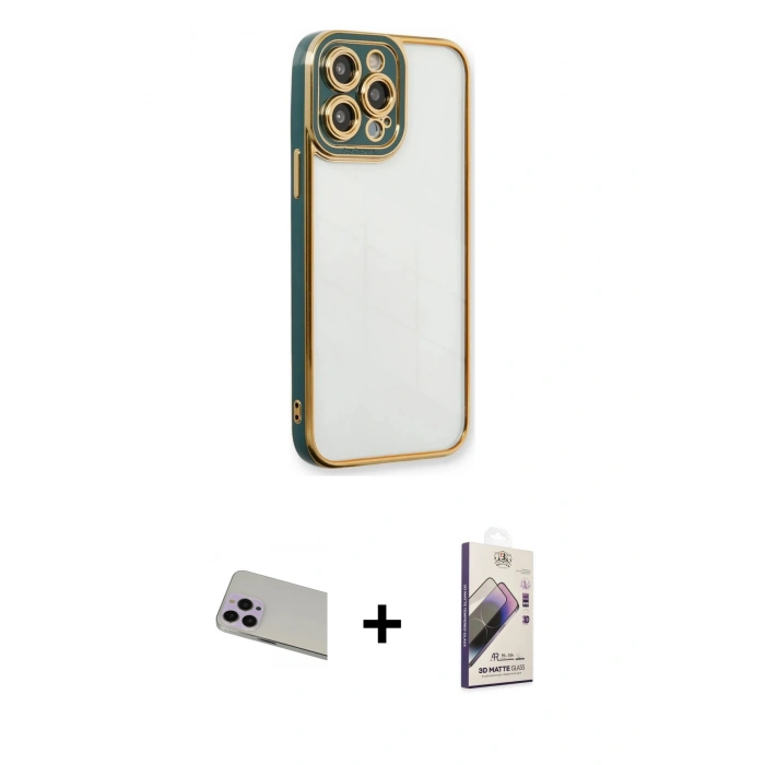 MARSİLYAN™- iPhone 13 Pro Max Kılıf Çekirdek Klasik Serisi - Siyah Bilvis 3D Mat Cam Ekran Koruyucu + Rainbow Kamera Lens Koruma Cam - MR