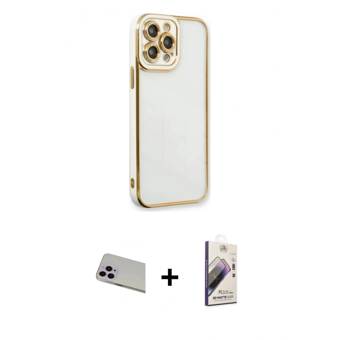 MARSİLYAN™- iPhone 13 Pro Max Kılıf Çekirdek Klasik Serisi - Siyah Bilvis 3D Mat Cam Ekran Koruyucu + Rainbow Kamera Lens Koruma Cam - MR