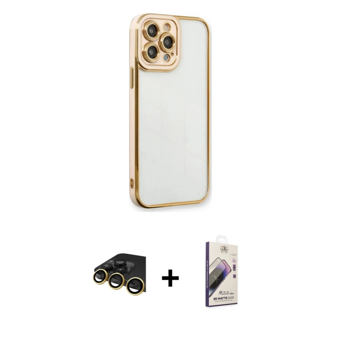 MARSİLYAN™- iPhone 13 Pro Max Kılıf Çekirdek Klasik Serisi - Siyah Bilvis 3D Mat Cam Ekran Koruyucu + Raze Metal Kamera Lens - GD