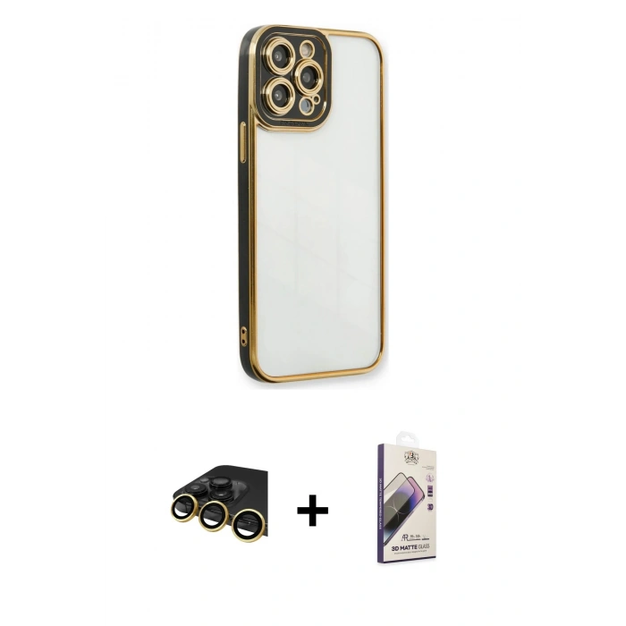 MARSİLYAN™- iPhone 13 Pro Max Kılıf Çekirdek Klasik Serisi - Siyah Bilvis 3D Mat Cam Ekran Koruyucu + Raze Metal Kamera Lens - GD