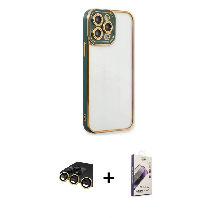 MARSİLYAN™- iPhone 13 Pro Max Kılıf Çekirdek Klasik Serisi - Siyah Bilvis 3D Mat Cam Ekran Koruyucu + Raze Metal Kamera Lens - GD