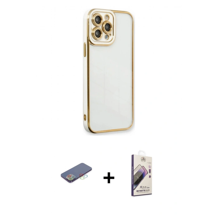 MARSİLYAN™- iPhone 13 Pro Max Kılıf Çekirdek Klasik Serisi - Siyah Bilvis 3D Mat Cam Ekran Koruyucu + Renkli Kamera Lens Koruma Cam - MI