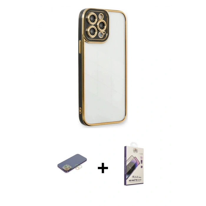 MARSİLYAN™- iPhone 13 Pro Max Kılıf Çekirdek Klasik Serisi - Siyah Bilvis 3D Mat Cam Ekran Koruyucu + Renkli Kamera Lens Koruma Cam - SI