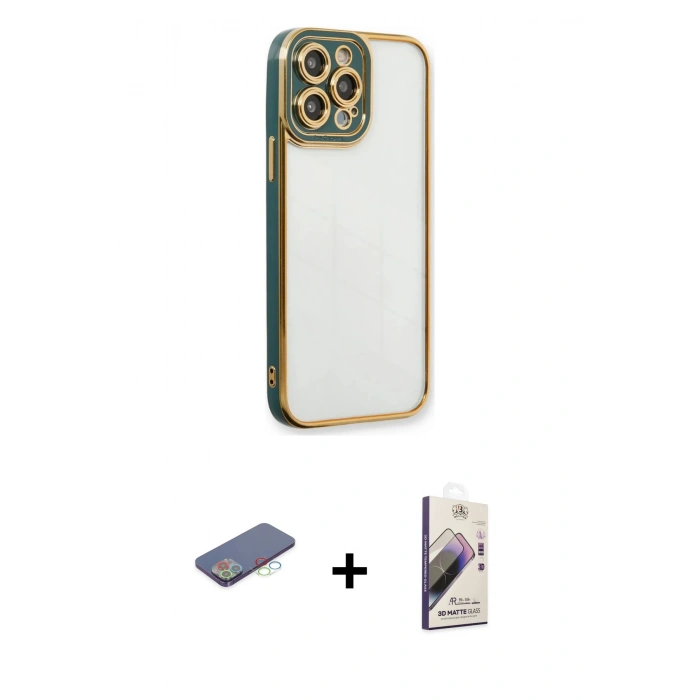 MARSİLYAN™- iPhone 13 Pro Max Kılıf Çekirdek Klasik Serisi - Siyah Bilvis 3D Mat Cam Ekran Koruyucu + Renkli Kamera Lens Koruma Cam - MI