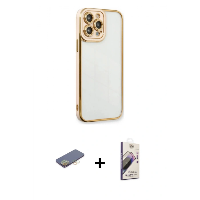 MARSİLYAN™- iPhone 13 Pro Max Kılıf Çekirdek Klasik Serisi - Siyah Bilvis 3D Mat Cam Ekran Koruyucu + Renkli Kamera Lens Koruma Cam - SI