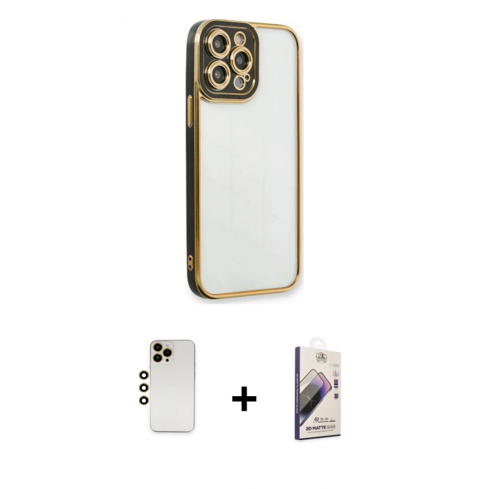 MARSİLYAN™- iPhone 13 Pro Max Kılıf Çekirdek Klasik Serisi - Siyah Bilvis 3D Mat Cam Ekran Koruyucu + Shine Kamera Lens - GD