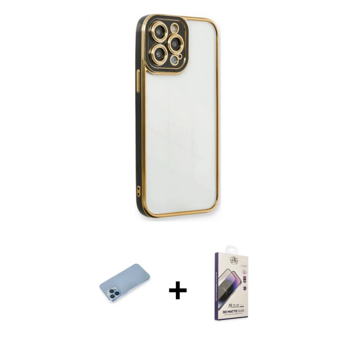 MARSİLYAN™- iPhone 13 Pro Max Kılıf Çekirdek Klasik Serisi - Siyah Bilvis 3D Mat Cam Ekran Koruyucu + Shine Kamera Lens Koruma Cam - MI