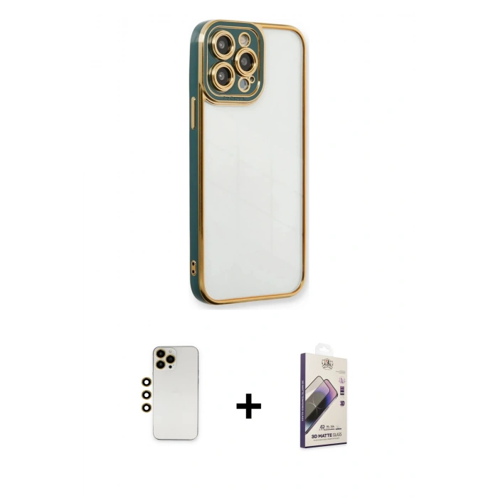 MARSİLYAN™- iPhone 13 Pro Max Kılıf Çekirdek Klasik Serisi - Siyah Bilvis 3D Mat Cam Ekran Koruyucu + Shine Kamera Lens - GD