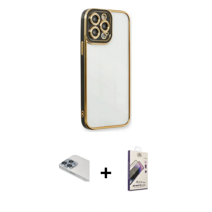 MARSİLYAN™- iPhone 13 Pro Max Kılıf Çekirdek Klasik Serisi - Siyah Bilvis 3D Mat Cam Ekran Koruyucu + Pers Alüminyum Kamera Lens - SABE