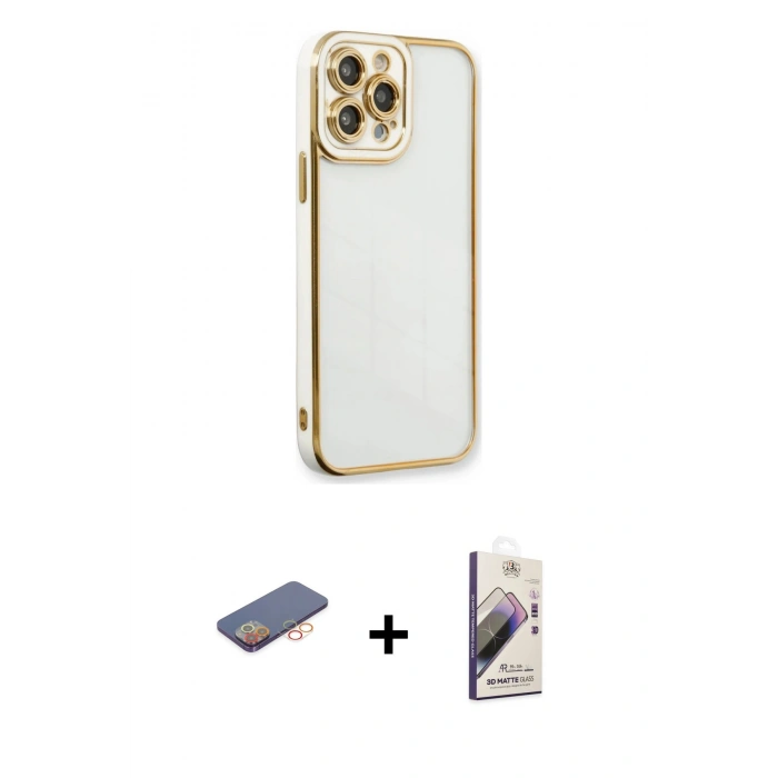 MARSİLYAN™- iPhone 13 Pro Max Kılıf Çekirdek Klasik Serisi - Siyah Bilvis 3D Mat Cam Ekran Koruyucu + Renkli Kamera Lens Koruma Cam - TU