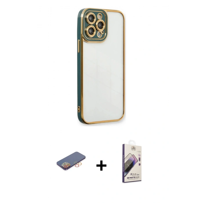 MARSİLYAN™- iPhone 13 Pro Max Kılıf Çekirdek Klasik Serisi - Siyah Bilvis 3D Mat Cam Ekran Koruyucu + Renkli Kamera Lens Koruma Cam - TU