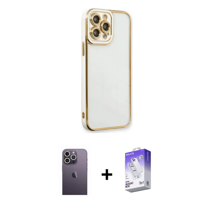 MARSİLYAN™- iPhone 13 Pro Max Kılıf Çekirdek Klasik Serisi - Siyah Bilvis 5in1 3D Magic Cam Ekran Koruyucu + Neon Fosforlu Kamera Lens - BZ