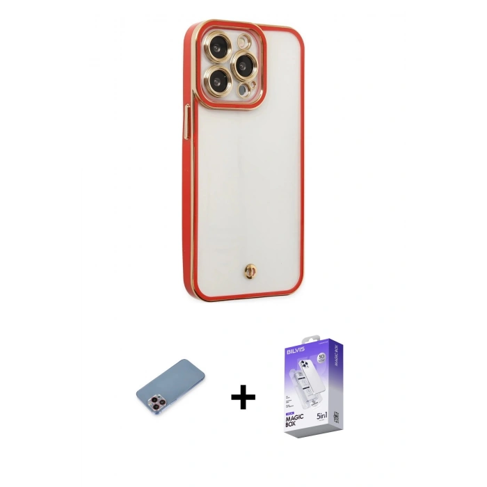MARSİLYAN™- iPhone 13 Pro Max Kılıf Çekirdek Klasik Serisi - Siyah Bilvis 5in1 3D Magic Cam Ekran Koruyucu + Shine Kamera Lens Koruma Cam - PE