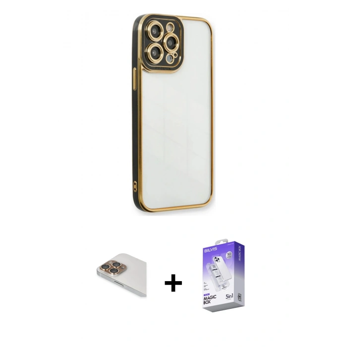 MARSİLYAN™- iPhone 13 Pro Max Kılıf Çekirdek Klasik Serisi - Siyah Bilvis 5in1 3D Magic Cam Ekran Koruyucu + Pers Alüminyum Kamera Lens - GD